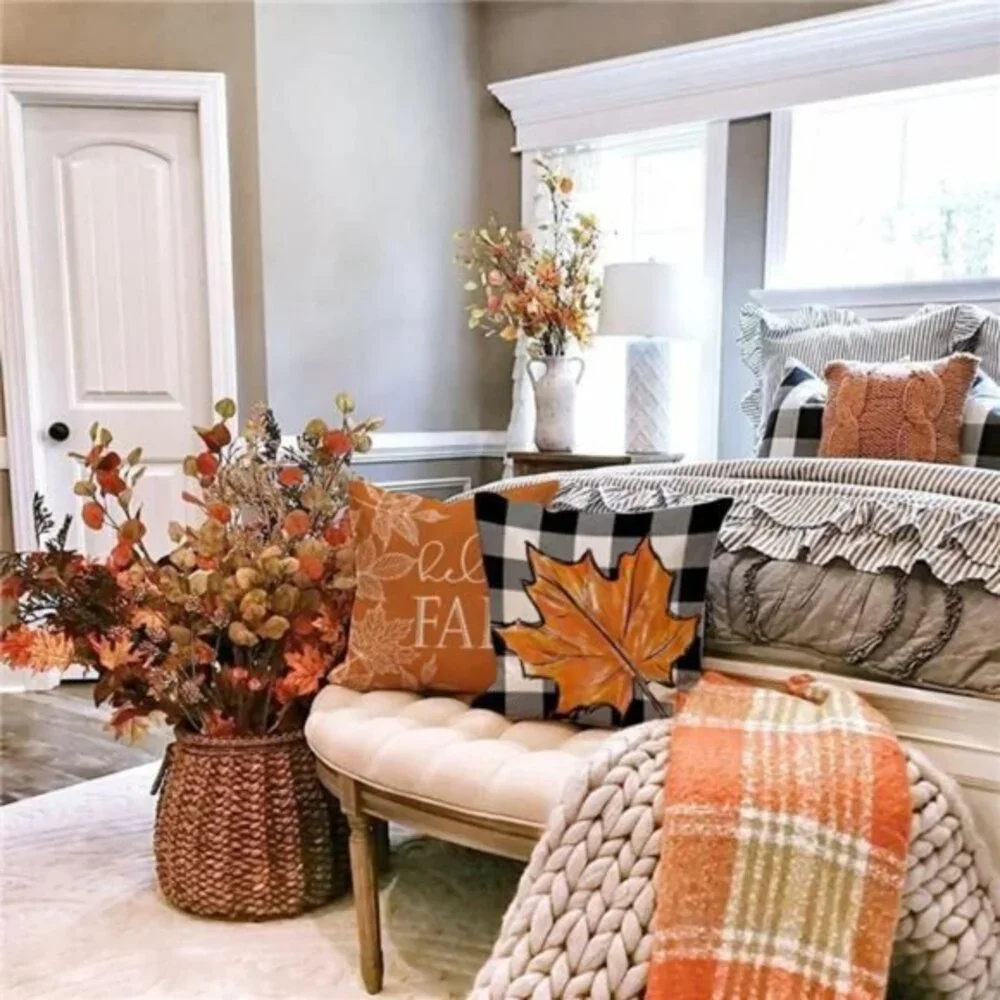 Set of 4 Fall Pillow Covers 18x18 - Buffalo Plaid, Pumpkin & Maple‎ Leaves,